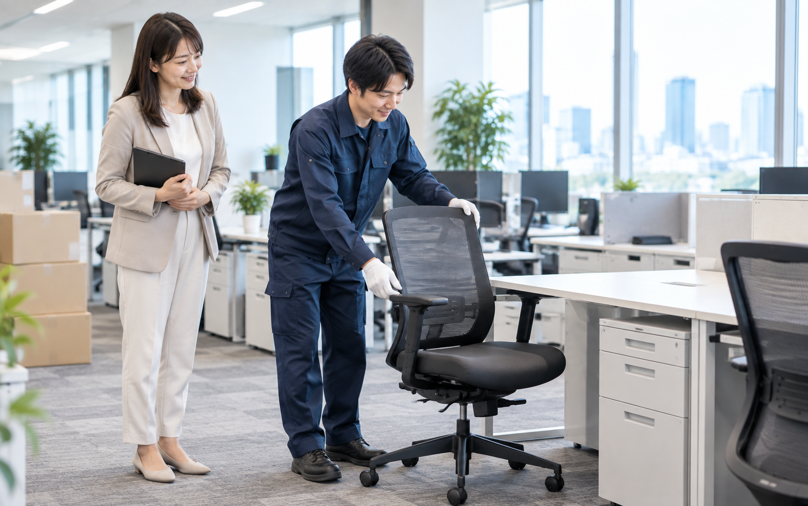 配送先のオフィスに家具を搬入・設置する様子