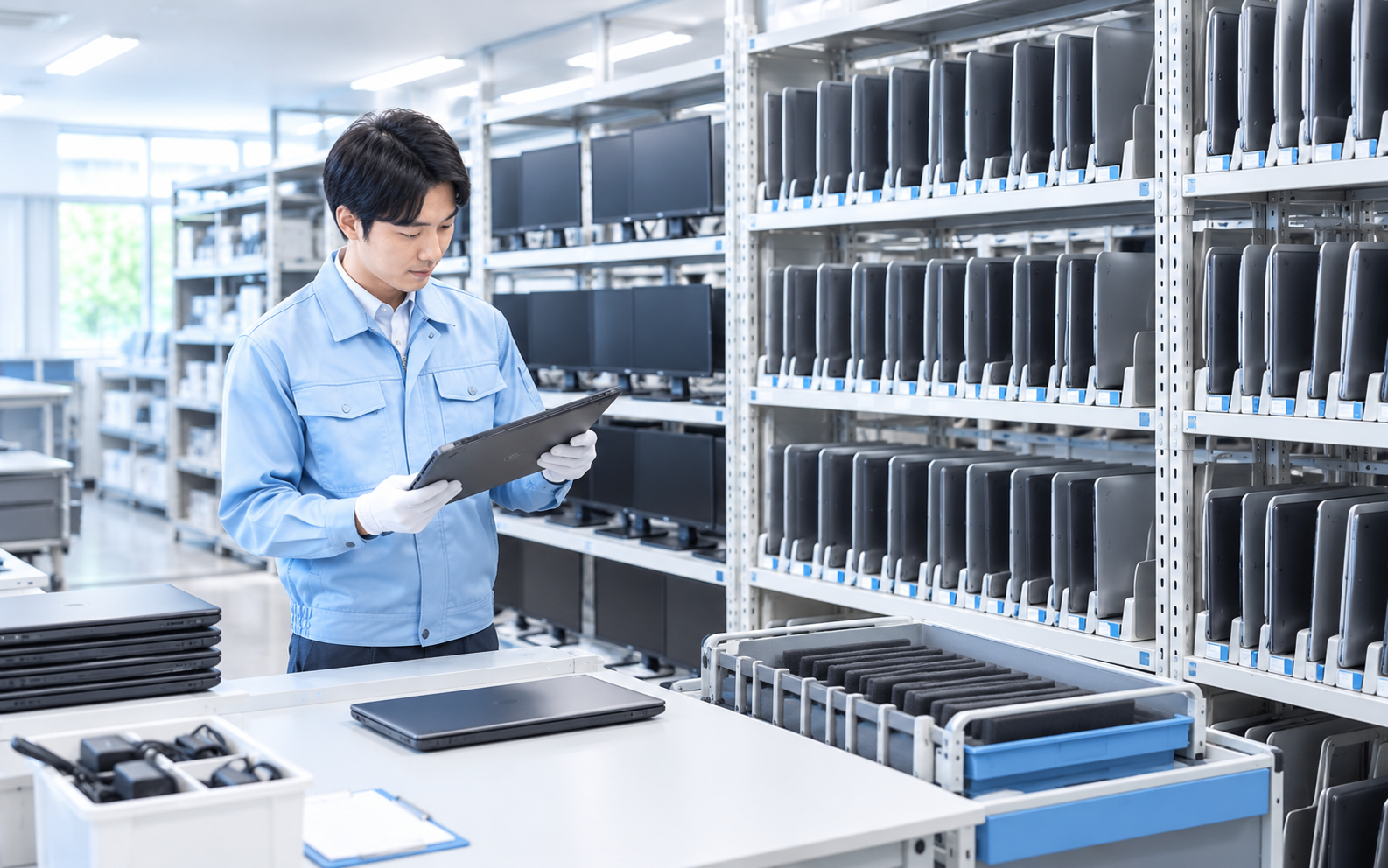 専用ラックで管理されるパソコンと機器を確認する担当者